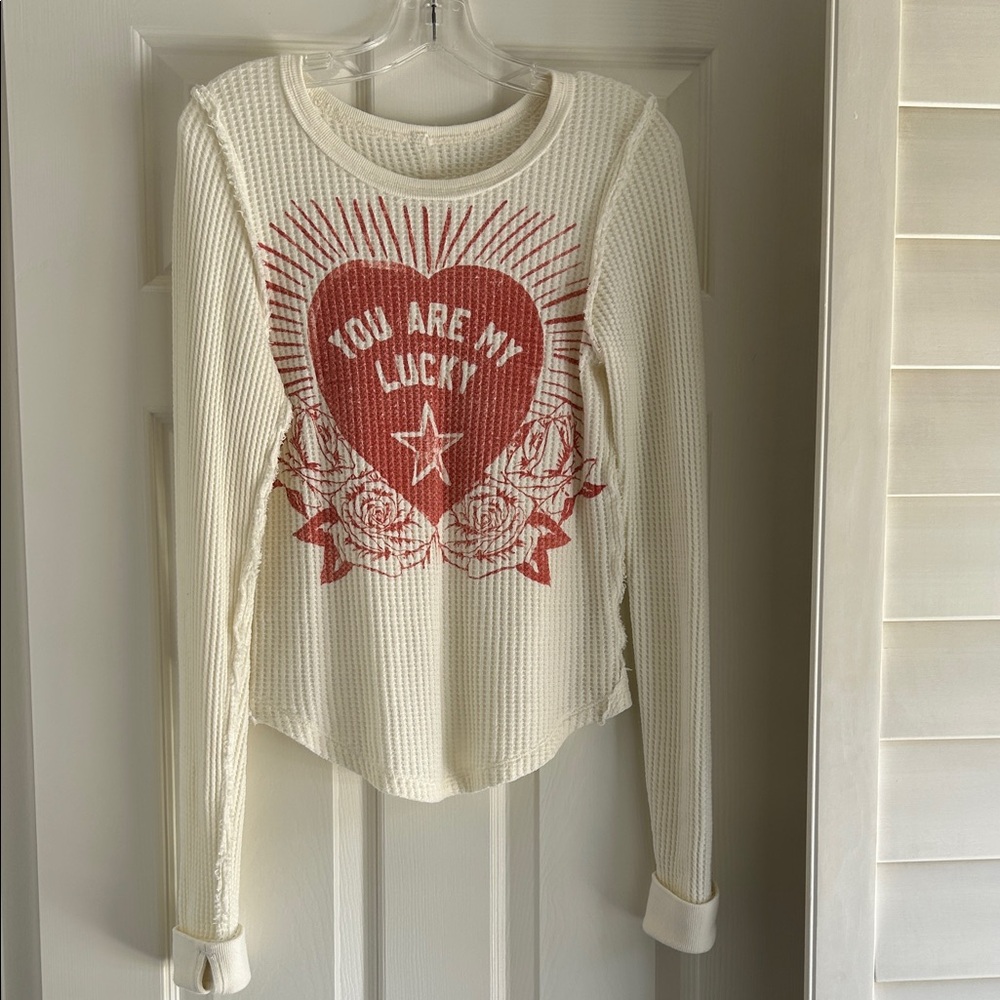 Free People Women's Cream Long Sleeve Top with Red Graphic
